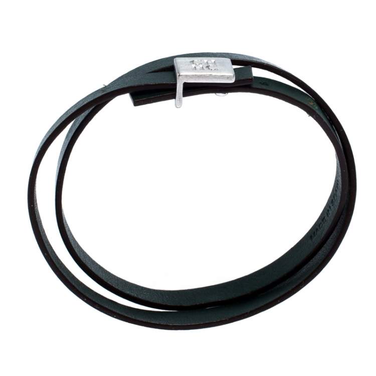 Pre Owned CH Carolina Herrera Green Leather Silver Tone Double Wrap Bracelet