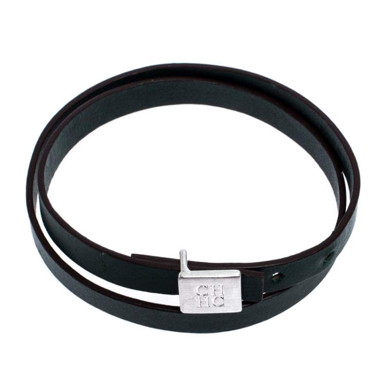 Pre Owned CH Carolina Herrera Green Leather Silver Tone Double Wrap Bracelet