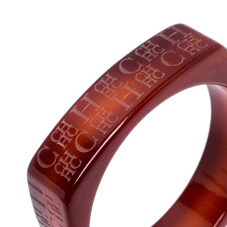 مملوكة مسبقًا Carolina Herrera Tan Brown Logo Etched Wide Bangle Bracelet