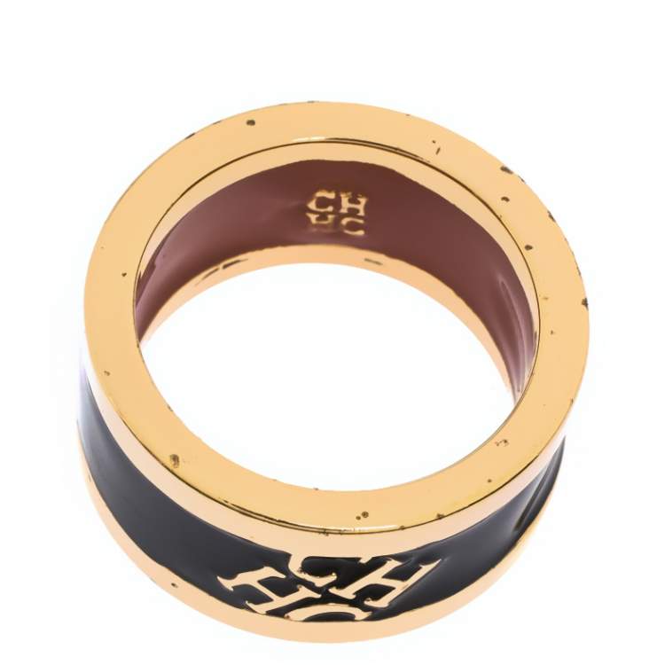 Pre Owned Carolina Herrera CH Black Enamel Gold Tone Band Ring Size 56