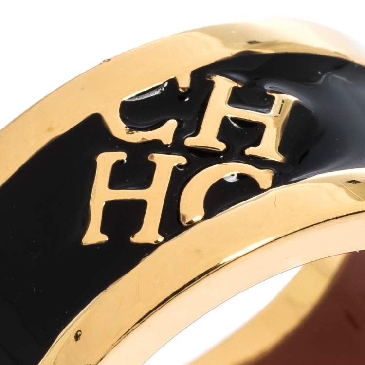 Pre Owned Carolina Herrera CH Black Enamel Gold Tone Band Ring Size 56