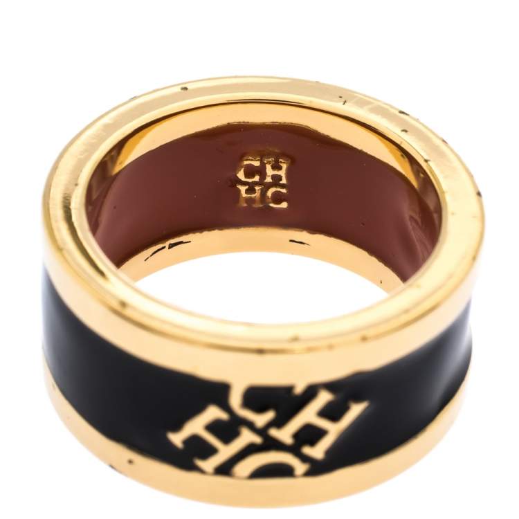 Pre Owned Carolina Herrera CH Black Enamel Gold Tone Band Ring Size 56