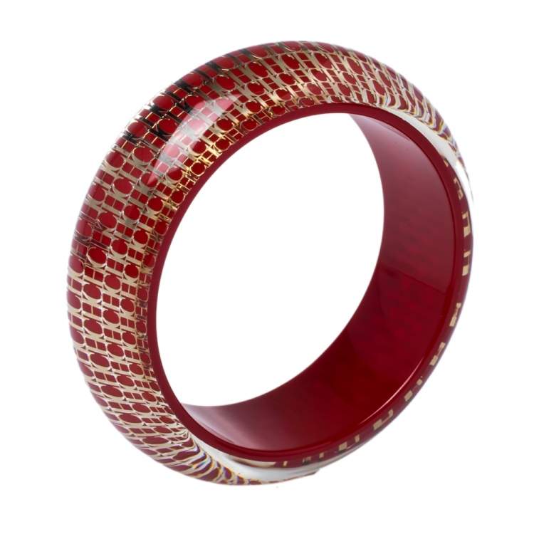 Pre Owned CH Carolina Herrera Red Resin Gold Tone Wide Bangle Bracelet