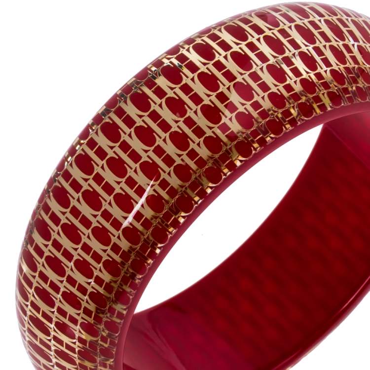 Pre Owned CH Carolina Herrera Red Resin Gold Tone Wide Bangle Bracelet