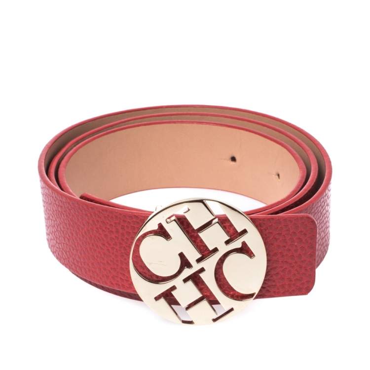 Pre Owned Carolina Herrera Red Leather Buckle Belt 90CM