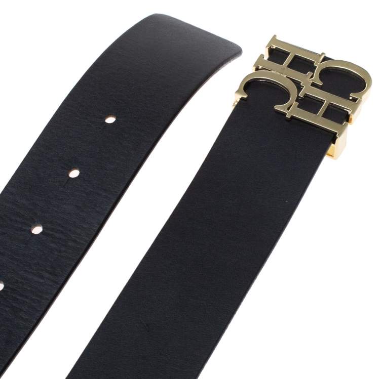 Pre Owned Carolina Herrera Black Leather CHHC Logo Belt 90CM