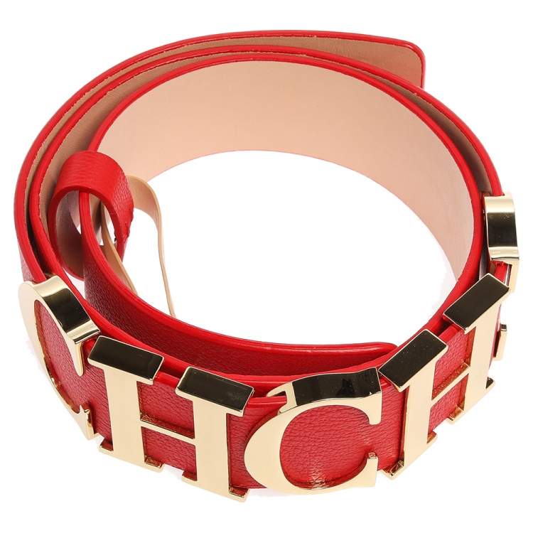 Pre Owned Carolina Herrera Red Leather CH Logo Belt 80 CM