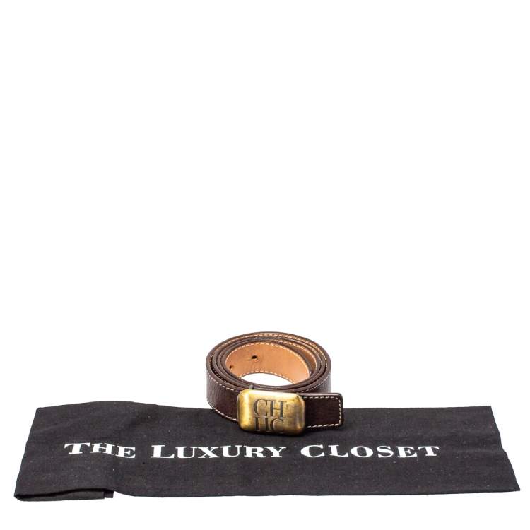 Pre Owned Carolina Herrera Dark Brown Leather Buckle Belt 85CM