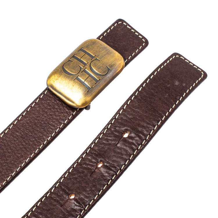 Pre Owned Carolina Herrera Dark Brown Leather Buckle Belt 85CM