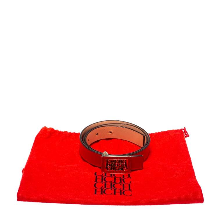 Pre Owned Carolina Herrera Red Leather Logo Belt 80CM