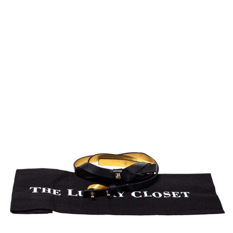 Pre Owned Carolina Herrera Black Leather Bow Slim Belt 80 CM