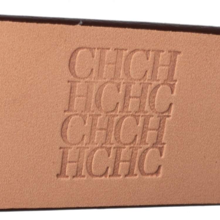 Pre Owned Carolina Herrera Dark Brown Leather Round Logo Buckle Belt 80CM