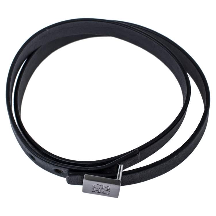 Pre Owned Carolina Herrera Black Leather Brushed Silver Tone Double Wrap Bracelet