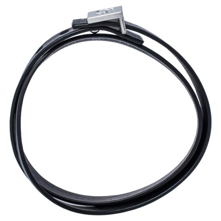 Pre Owned Carolina Herrera Black Leather Brushed Silver Tone Double Wrap Bracelet