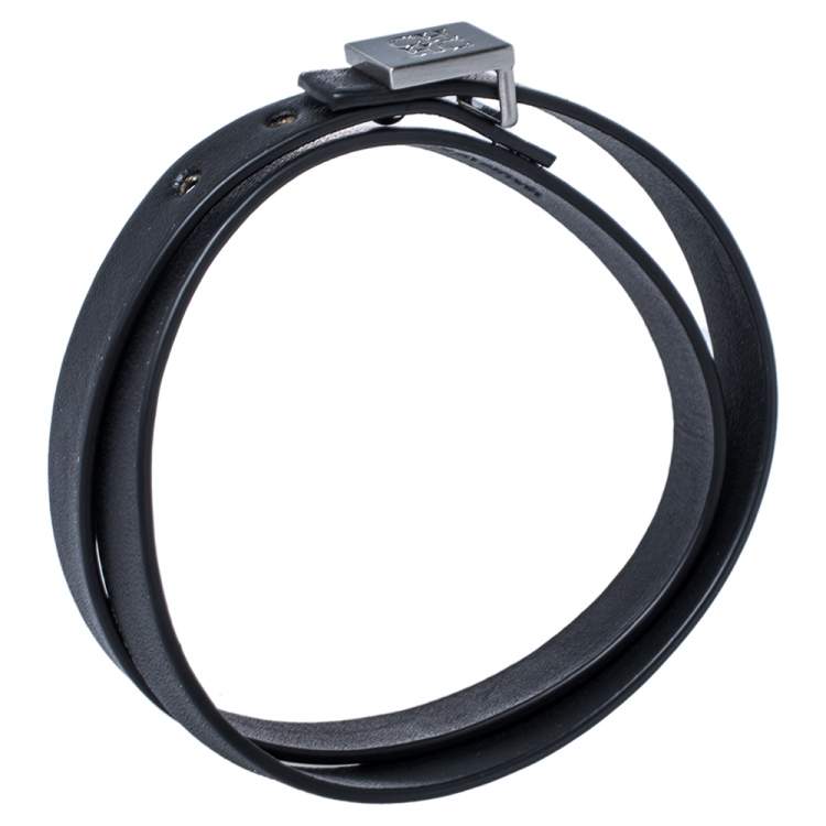 Pre Owned Carolina Herrera Black Leather Brushed Silver Tone Double Wrap Bracelet
