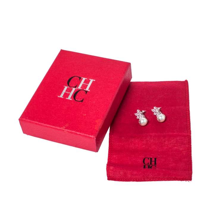 Pre Owned Carolina Herrera Crystal Silver Jasmine Drop Earrings