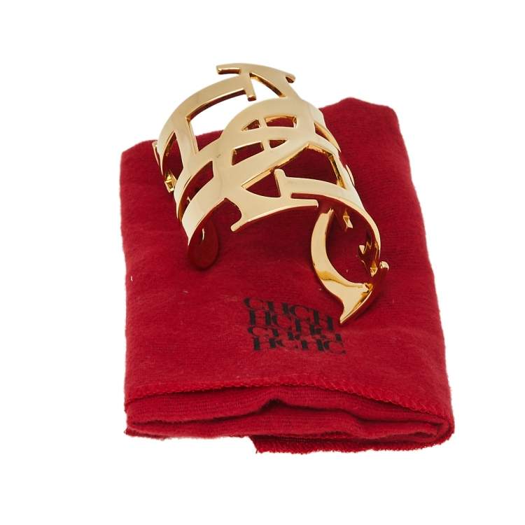 Pre Owned Carolina Herrera Gold Tone Logo Cuff Bracelet