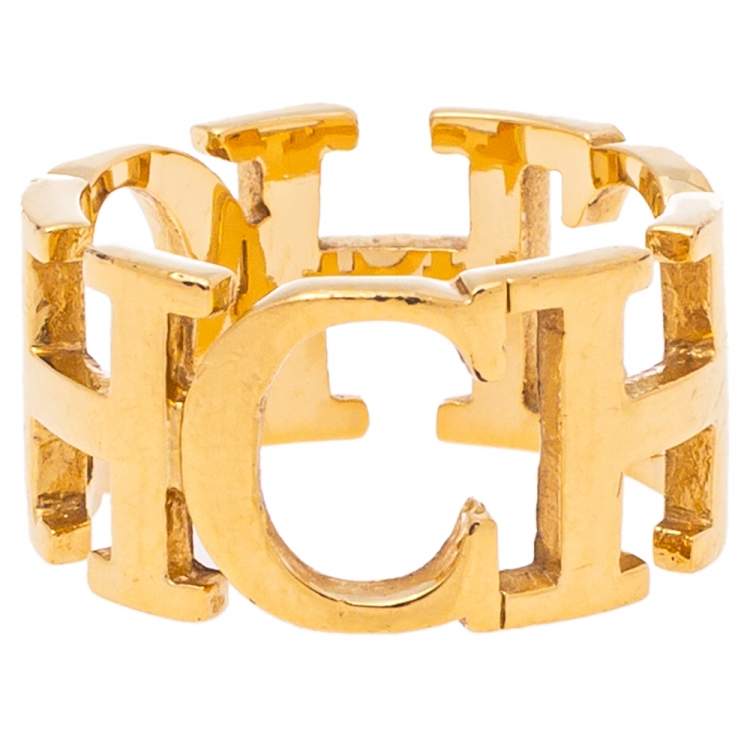 Pre Owned Carolina Herrera Between The Line Gold Tone Band Ring Size 58