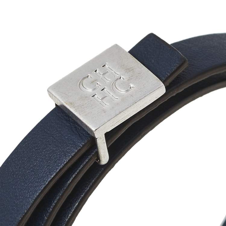Pre Owned Carolina Herrera Navy Blue Leather Let it Glow Double Wrap Bracelet