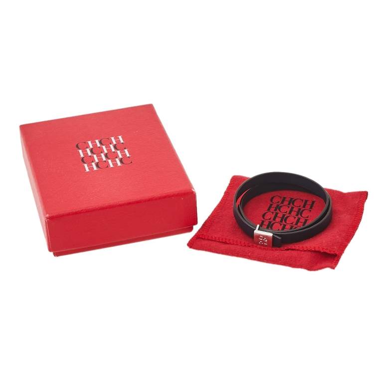 Pre Owned Carolina Herrera Navy Blue Leather Let it Glow Double Wrap Bracelet