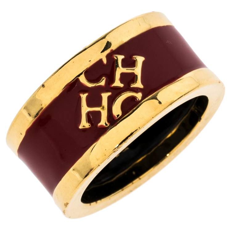Pre Owned Carolina Herrera Red Enamel Logo Gold Tone Band Ring Size 56