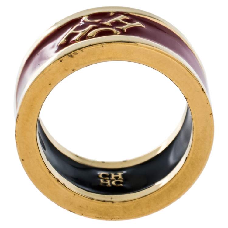 Pre Owned Carolina Herrera Red Enamel Logo Gold Tone Band Ring Size 56