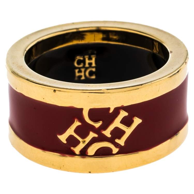 Pre Owned Carolina Herrera Red Enamel Logo Gold Tone Band Ring Size 56