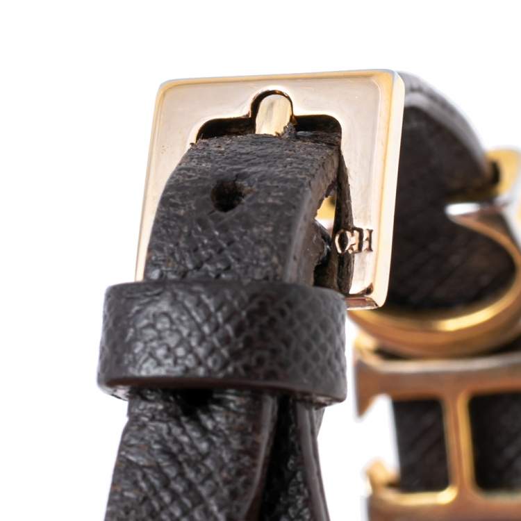 Pre Owned Carolina Herrera Brown Leather Logo Charm Bracelet