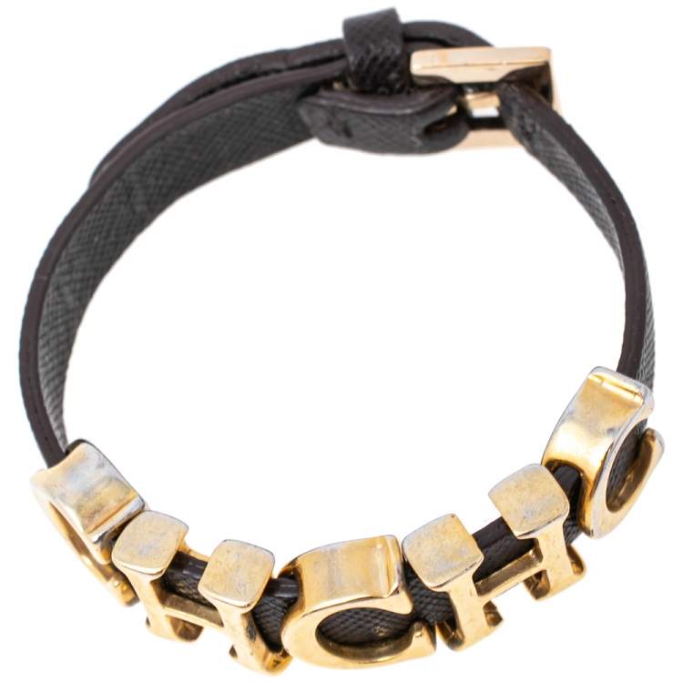 Pre Owned Carolina Herrera Brown Leather Logo Charm Bracelet