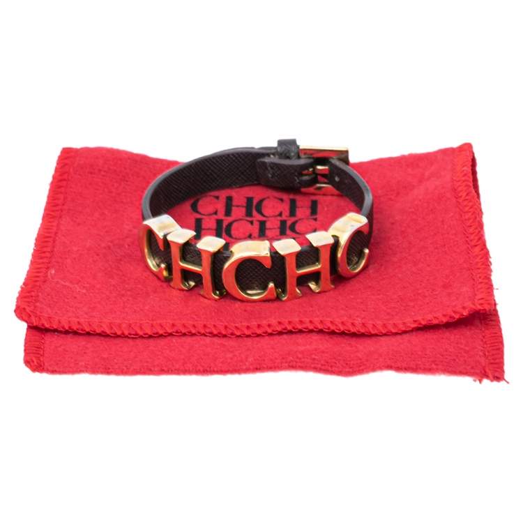 Pre Owned Carolina Herrera Brown Leather Logo Charm Bracelet