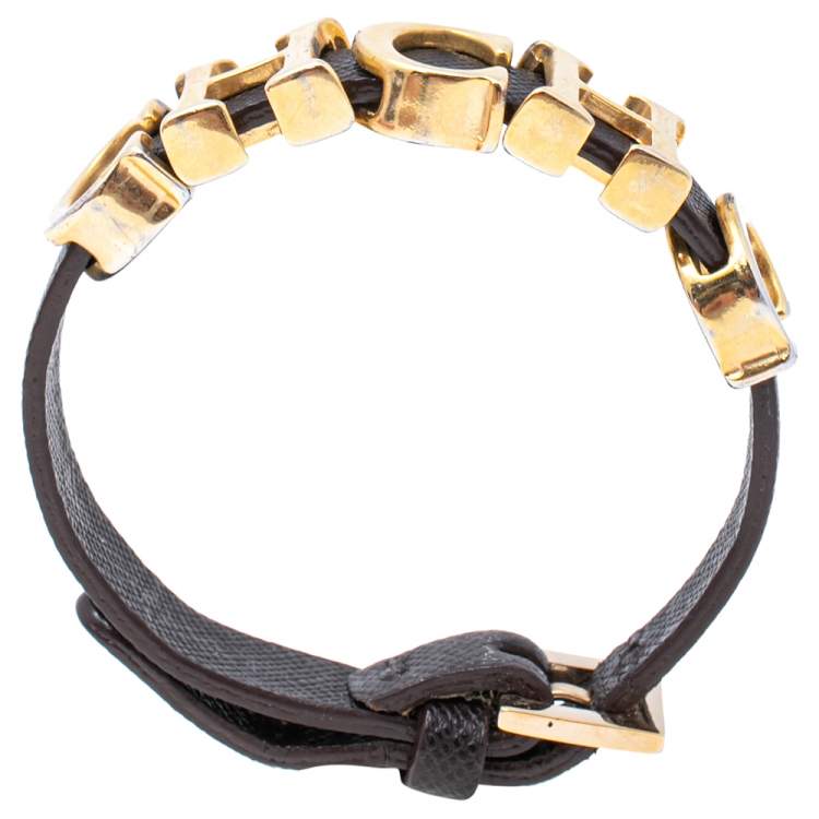 Pre Owned Carolina Herrera Brown Leather Logo Charm Bracelet