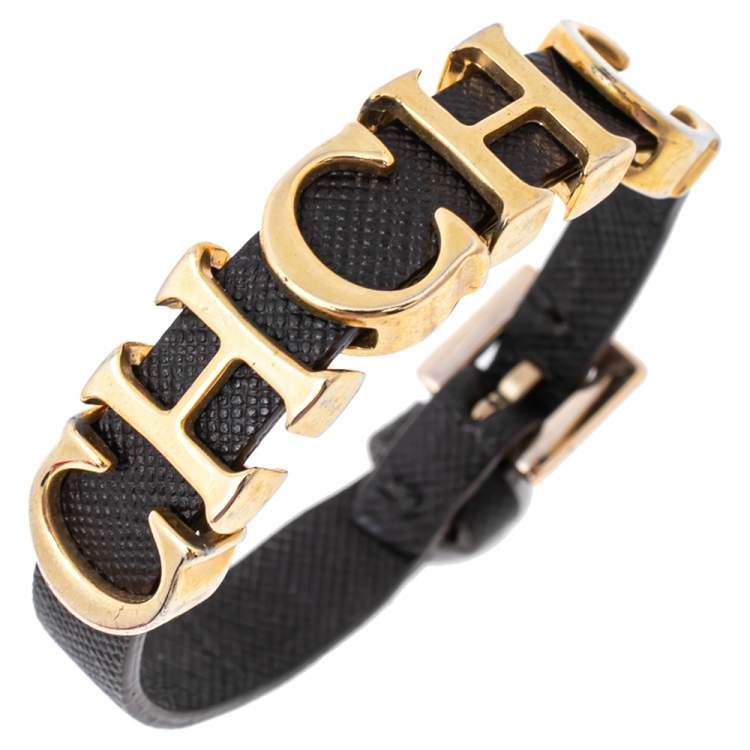 Pre Owned Carolina Herrera Brown Leather Logo Charm Bracelet