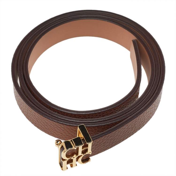 Pre Owned Carolina Herrera Brown Leather CHHC Buckle Belt 85CM