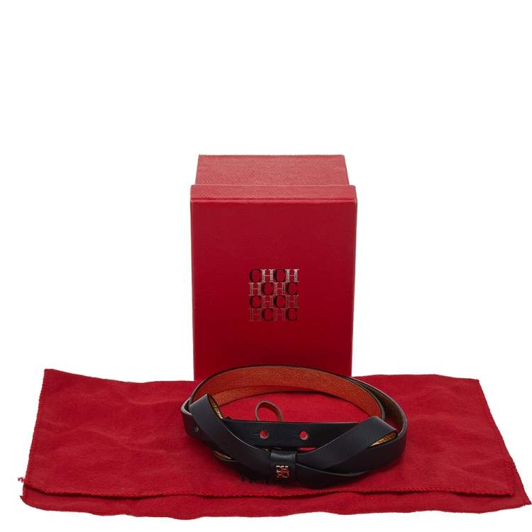 Pre Owned Carolina Herrera Black Leather Bow Slim Belt 75CM