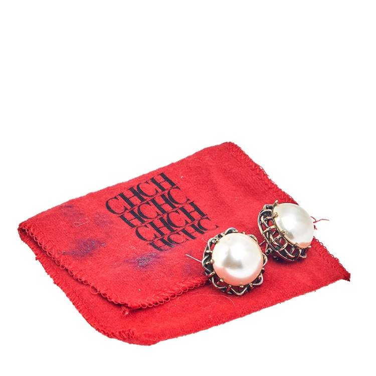 Pre Owned Carolina Herrera White Faux Pearl Clip-on Stud Earrings