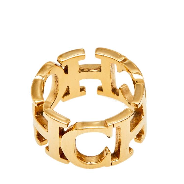 Pre Owned Carolina Herrera CH Gold Tone Between the Line Ring EU 54