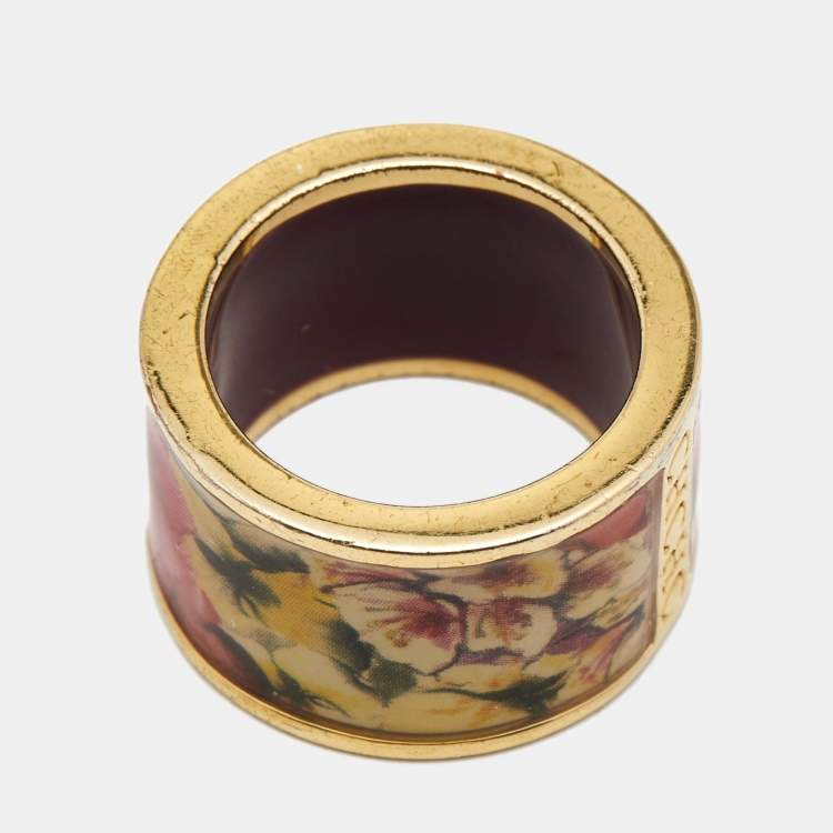 Pre Owned Carolina Herrera CH Enamel Gold Tone Ring Size 53