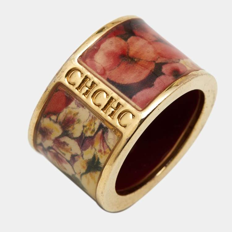 Pre Owned Carolina Herrera CH Enamel Gold Tone Ring Size 53