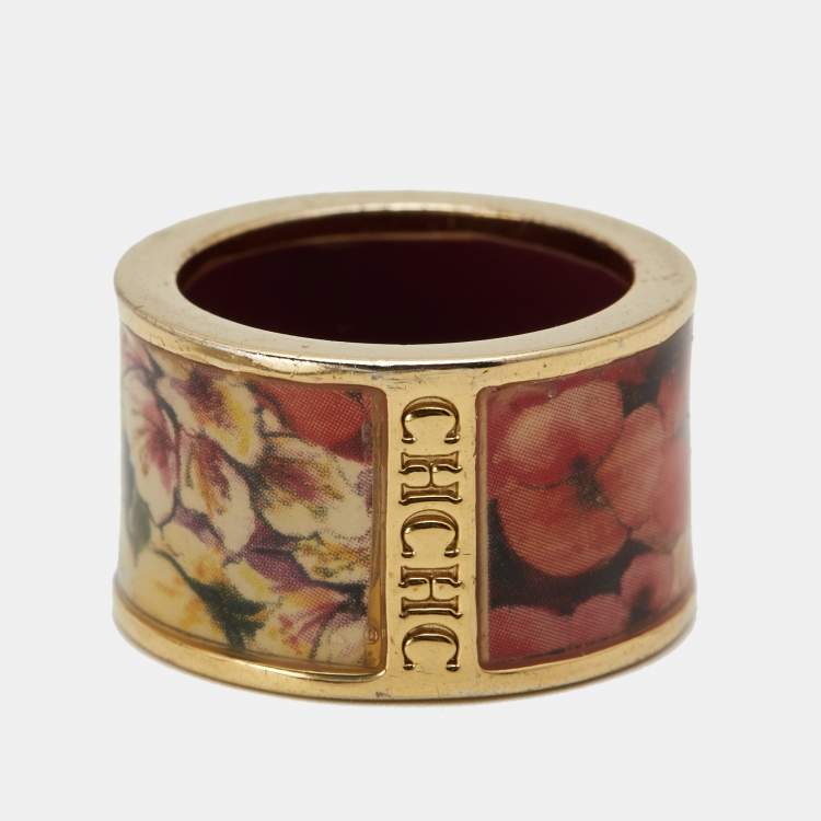 Pre Owned Carolina Herrera CH Enamel Gold Tone Ring Size 53