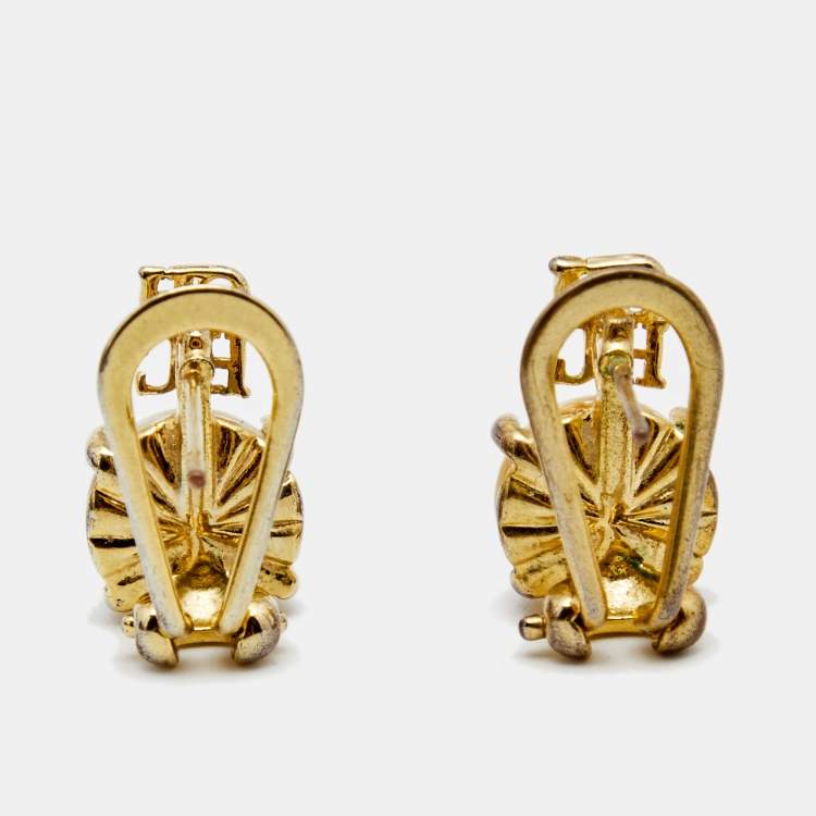 Pre Owned Carolina Herrera CH Faux Pearl Gold Tone Loop Back Earrings