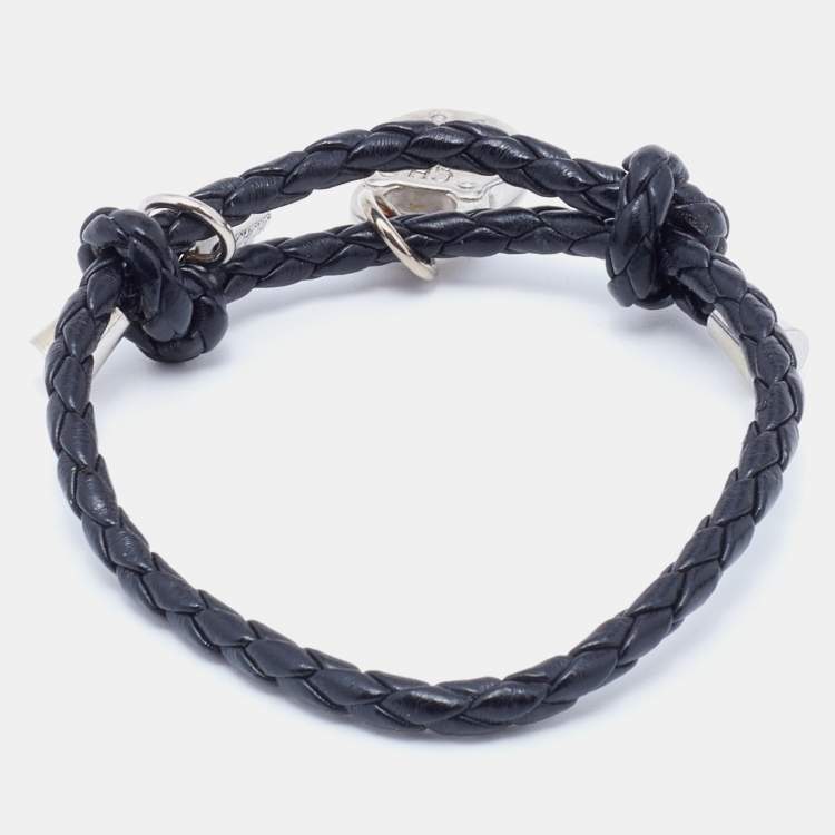 Pre Owned Carolina Herrera CH Silver Tone Lock & Key Braided Black Leather Bracelet
