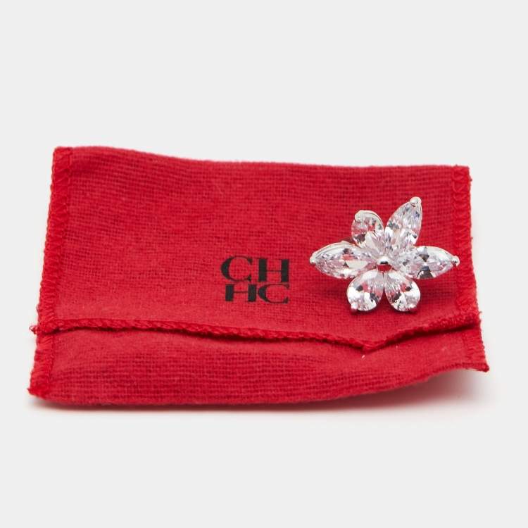 Pre Owned Carolina Herrera CH Crystal Jasmine Silver Tone Ring Size 52