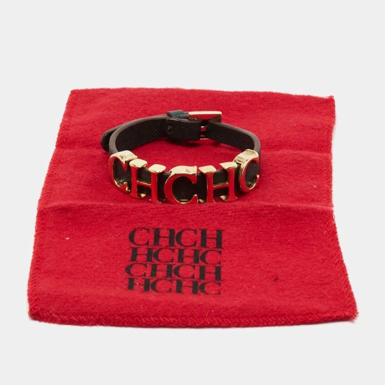 Pre Owned  Carolina Herrera CH Green Leather Logo Wrap Bracelet