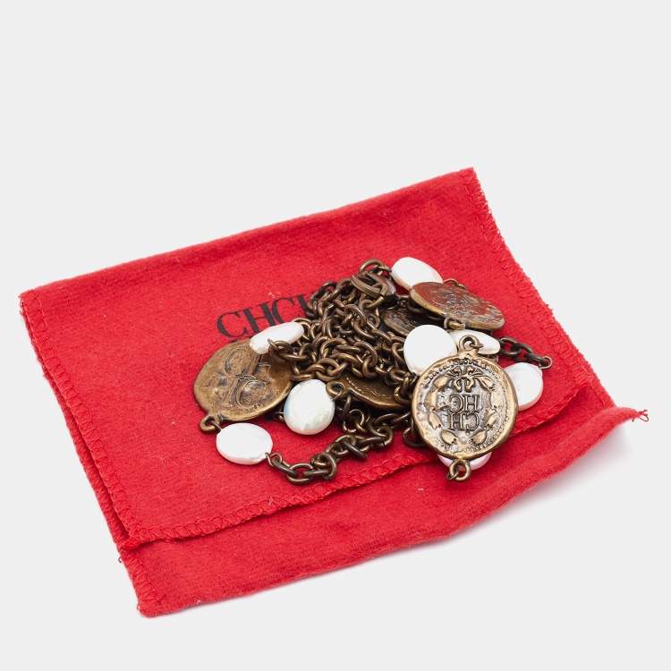 Pre Owned Carolina Herrera Antique Finish Metal Pearl Station Necklace