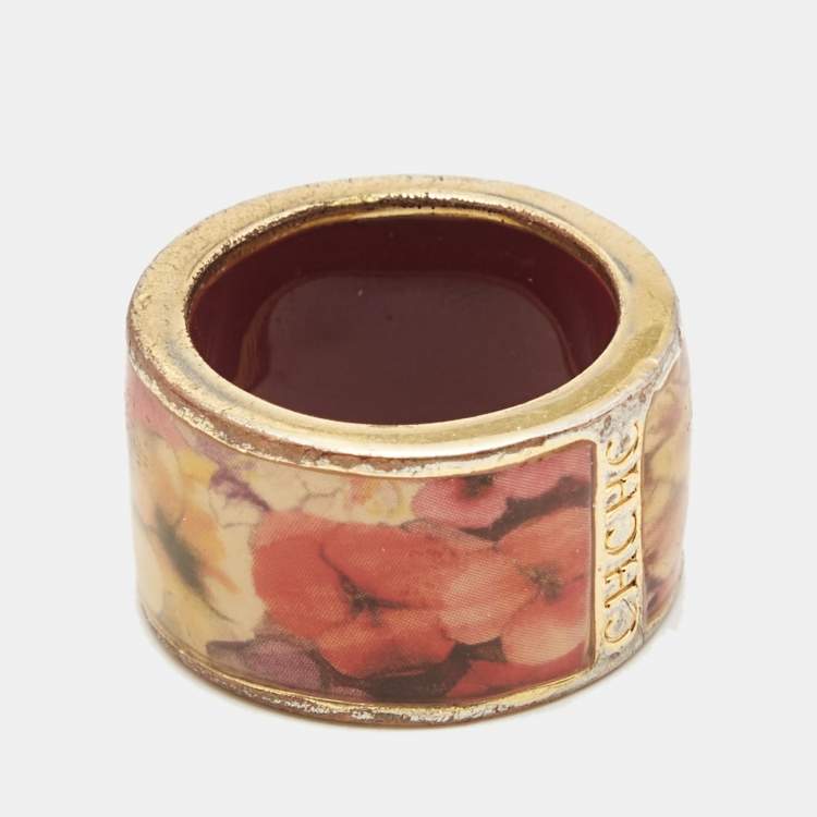 Pre Owned Carolina Herrera CH Enamel Gold Tone Ring Size 54