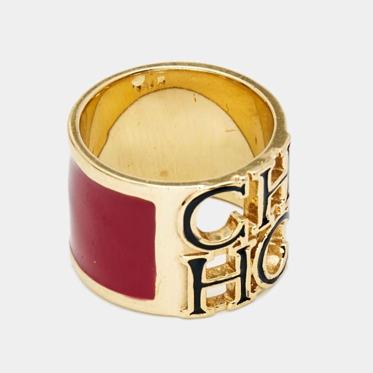 Pre Owned Carolina Herrera CH Logo Enamel Gold Tone Wide Band Ring