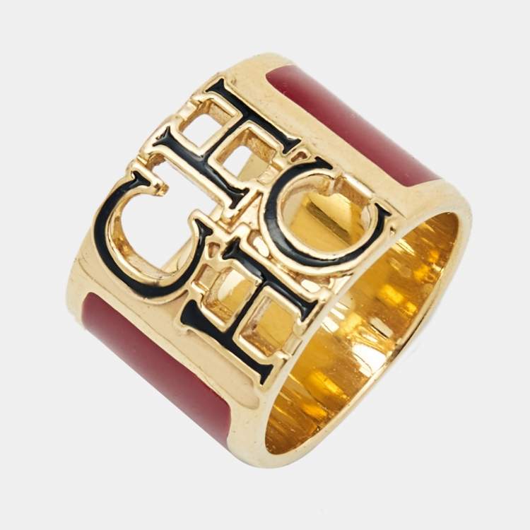 Pre Owned Carolina Herrera CH Logo Enamel Gold Tone Wide Band Ring