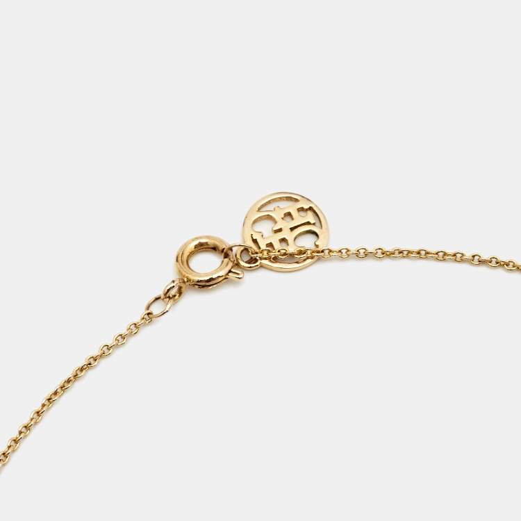 Pre Owned CH Carolina Herrera Crystal Logo Pendant Gold Tone Necklace
