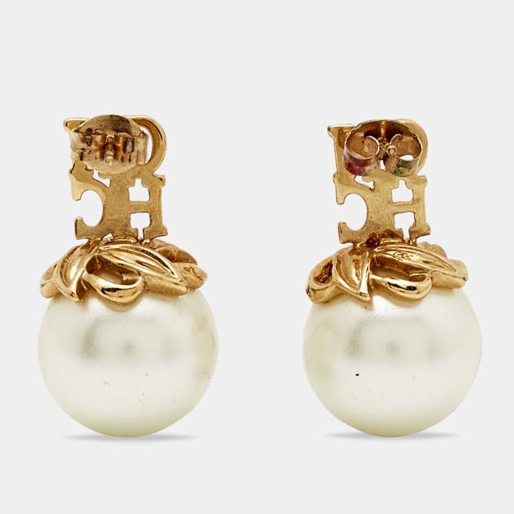 Pre Owned Carolina Herrera CH Logo Faux Pearl Gold Tone Metal Earrings