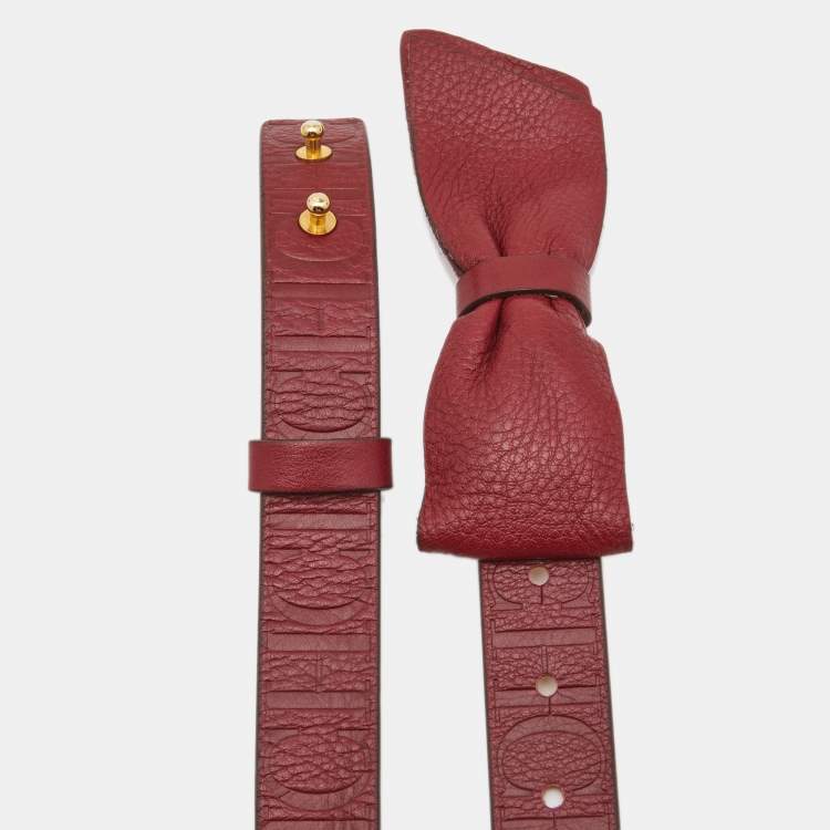 Pre Owned Carolina Herrera Red Logo Embossed Leather Bow Waist Belt 80CM